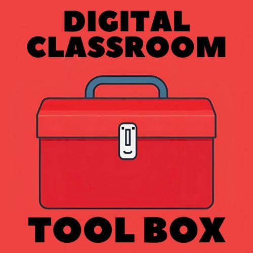 Digital classroom tool box words with flat digital drawing - image of a red toolbox that looks like its smiling.