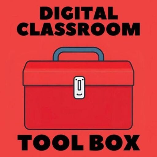 Digital classroom tool box words with flat digital drawing - image of a red toolbox that looks like its smiling.