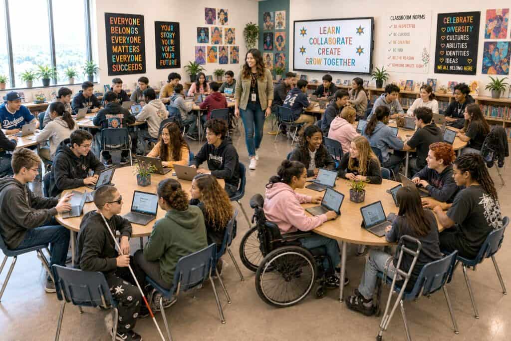 Created with ChatGPT to visualize the kind of classroom I believe in: a place where all students are actively learning, diverse cultures and abilities are celebrated, and students learn and grow together—while teachers feel supported, energized, and enjoy teaching.
— Mari Kono, Educator & Creator of Digital Classroom Toolbox