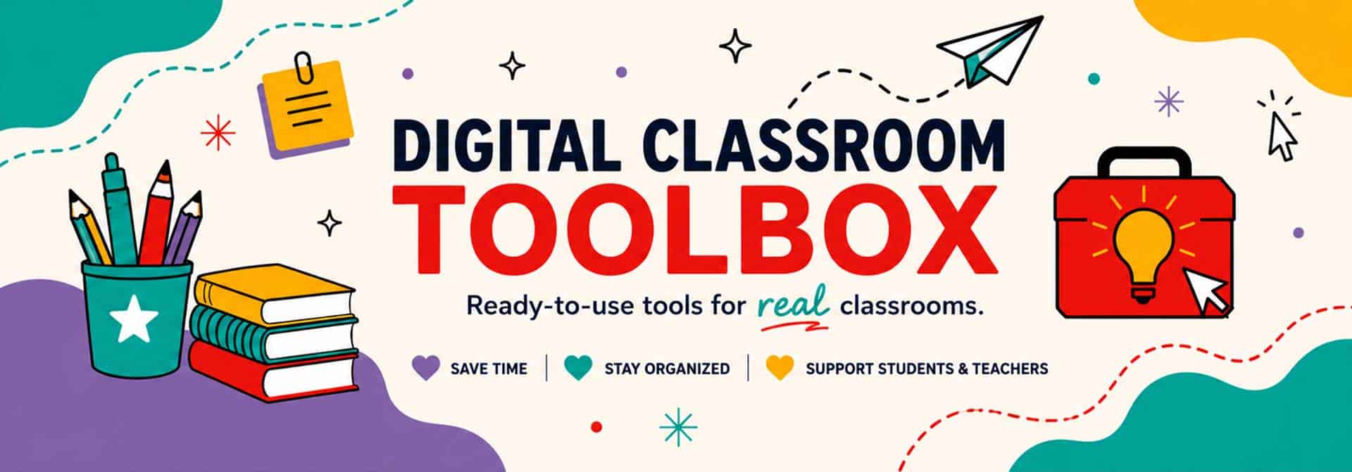 Digital Classroom Toolbox logo featuring a red toolbox and lightbulb surrounded by playful purple, green, and yellow classroom-inspired graphics.