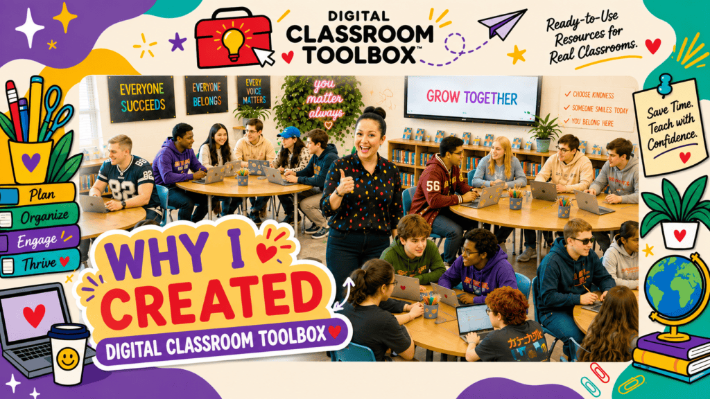 Digital Classroom Toolbox YouTube thumbnail featuring a teacher in a bright, collaborative classroom with the text “Why I Created Digital Classroom Toolbox.”